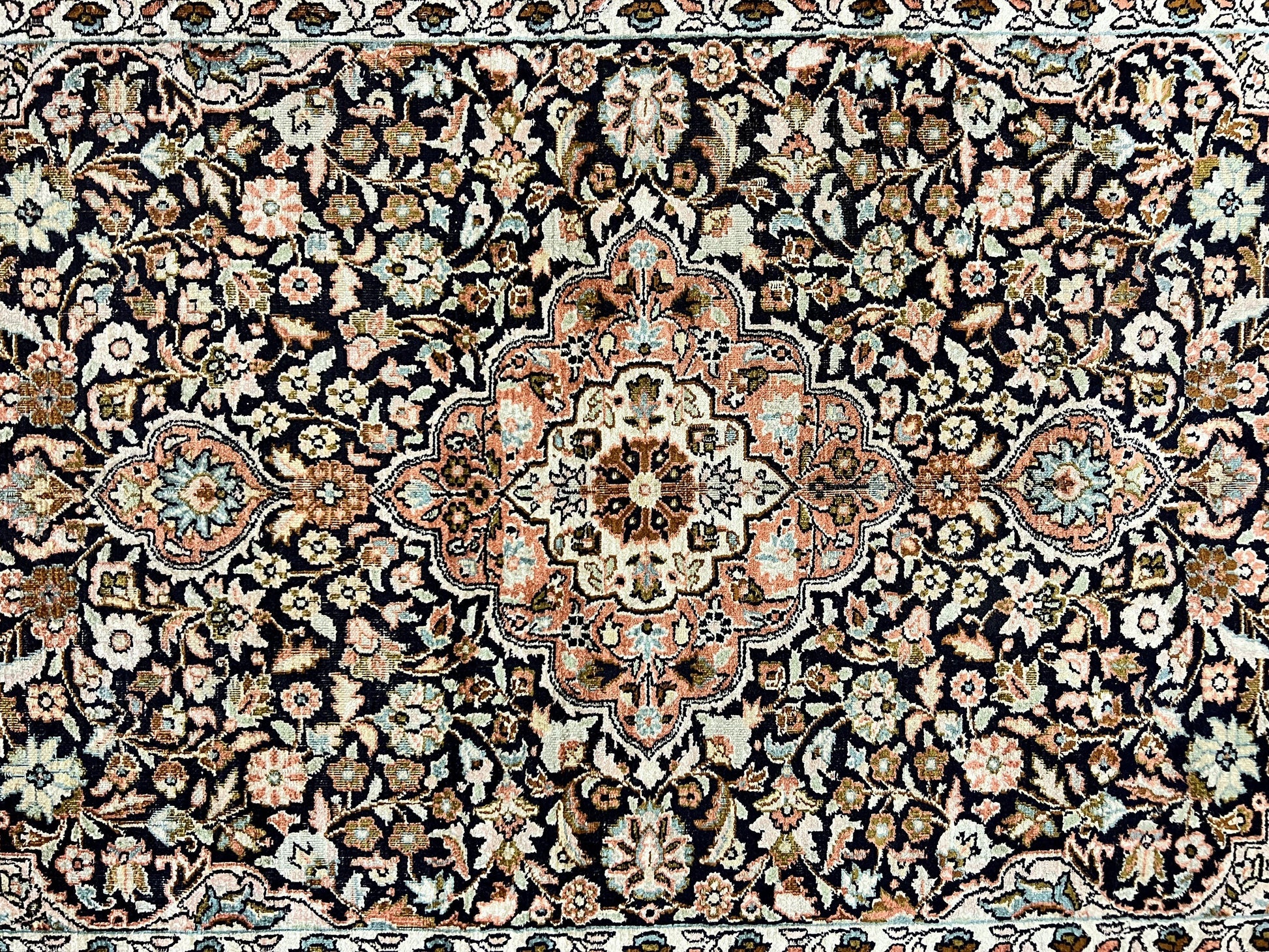 Silk Indian Kashmiri Rug 3x5, Indo Persian Silk on Silk Carpet, Very Fine 350 KPSI, Navy Blue, Handmade, Floral Medallion - Nuvé