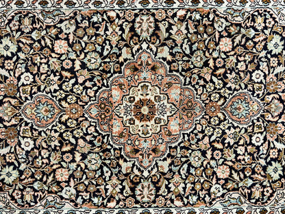 Silk Indian Kashmiri Rug 3x5, Indo Persian Silk on Silk Carpet, Very Fine 350 KPSI, Navy Blue, Handmade, Floral Medallion - Nuvé