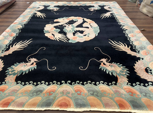 Black Chinese Wool Rug 8x10 with Dragons, Rainbow Borders, Rare - Nuvé