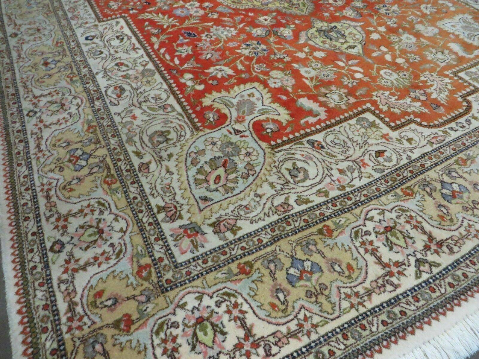 Vintage Persian Tabriz Rug 9x12, Tabatabaie Rug 9x12 Carpet, Handmade Hand Knotted Wool Area Rug, Tomato Red Beige, Medallion Rug, Floral - Nuvé
