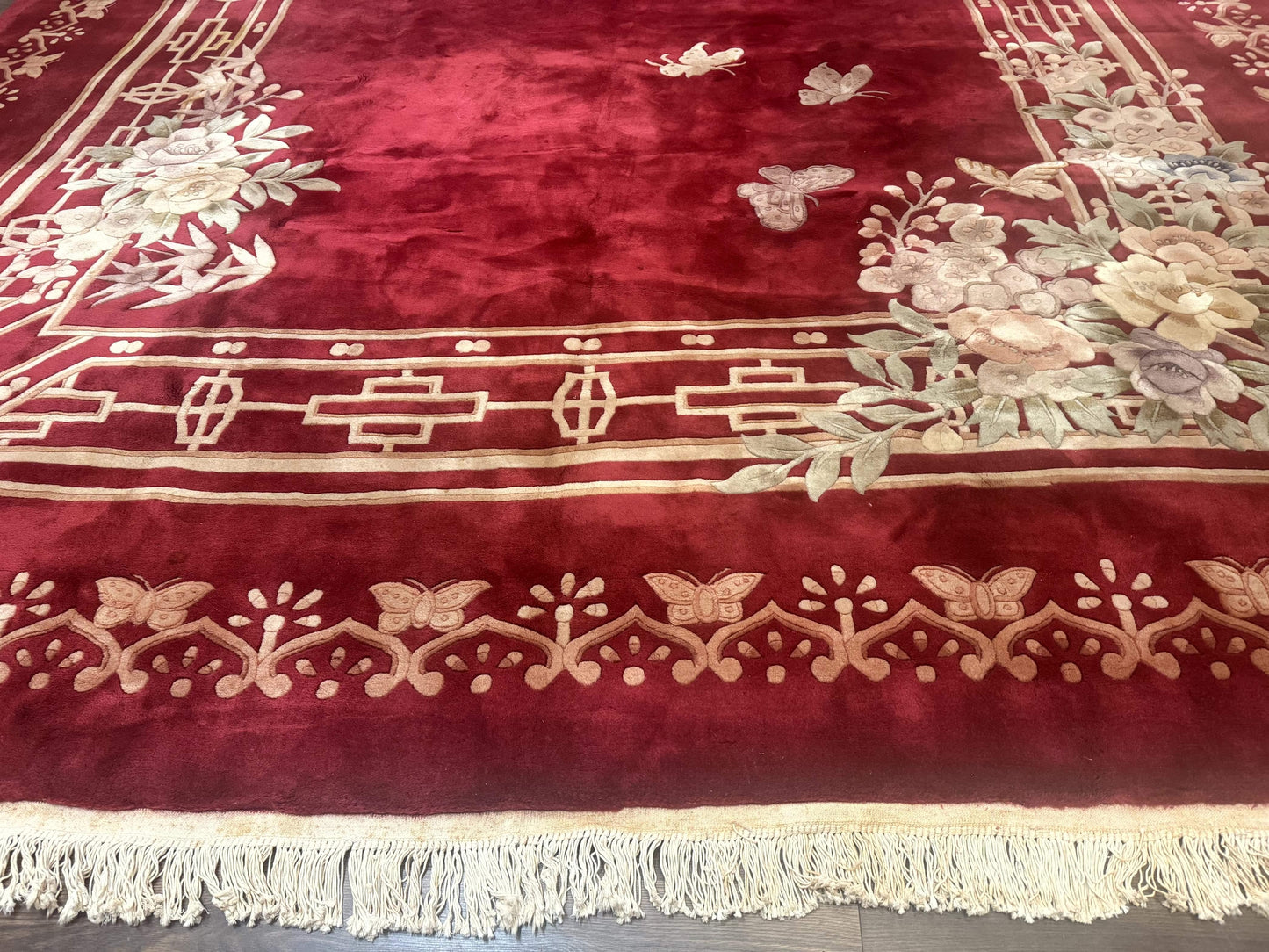 Palace Size Chinese Wool Rug 12x18, Red Art Deco Chinese Carving Carpet, Butterflies Flowers - Nuvé