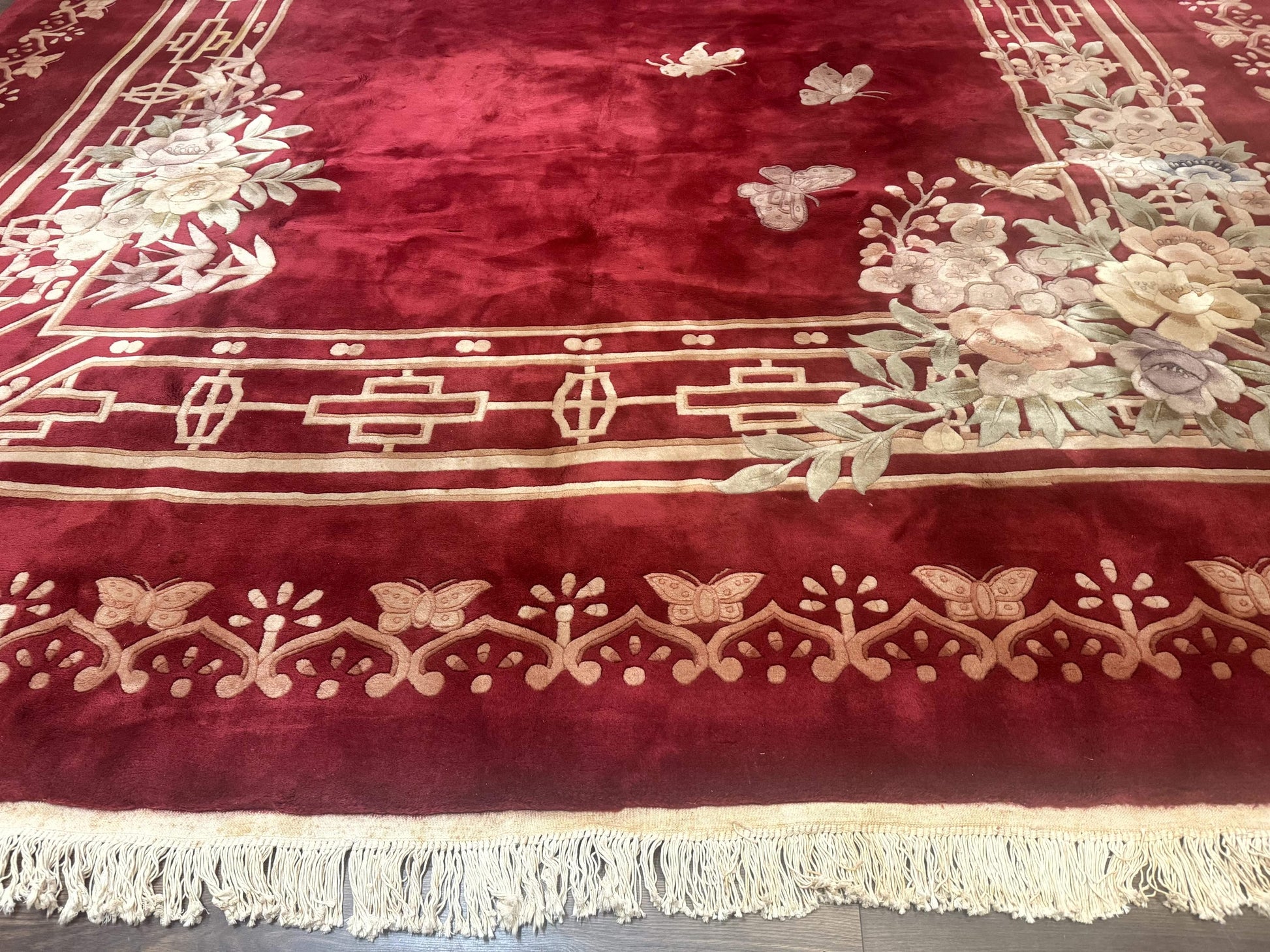 Palace Size Chinese Wool Rug 12x18, Red Art Deco Chinese Carving Carpet, Butterflies Flowers - Nuvé