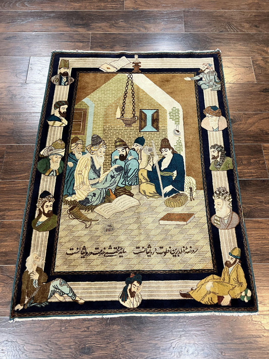 Persian Tabriz Pictorial Rug 3x5, Wall Hanging Carpet, Very Fine 60 Raj 475 KPSI, Hand Knotted Vintage Semi Antique, Wool, Persian Poetry - Nuvé