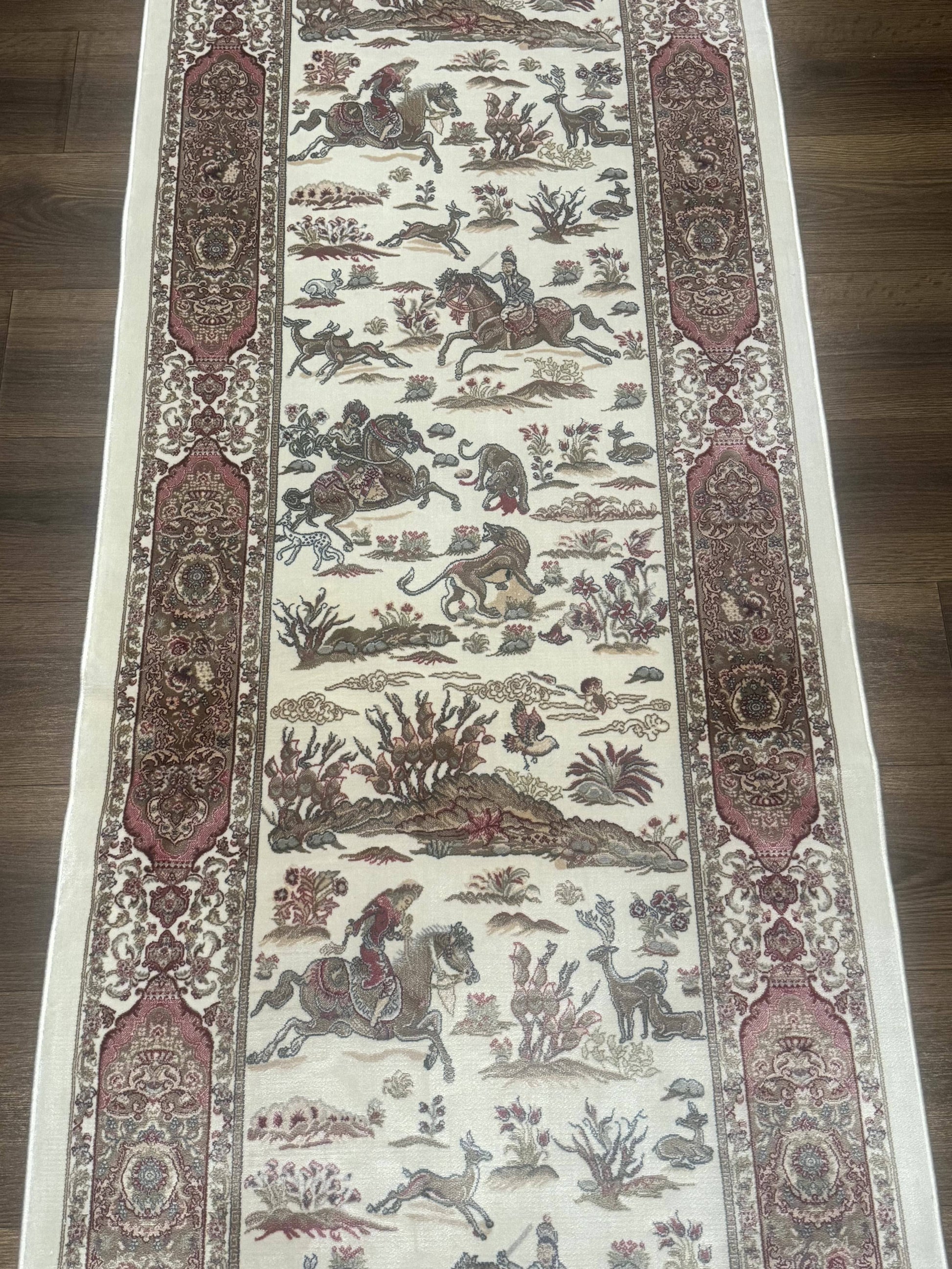Turkish Silk Runner Rug 2.6 x 8, Hunting Design, Ivory, Bamboo Silk, New - Nuvé