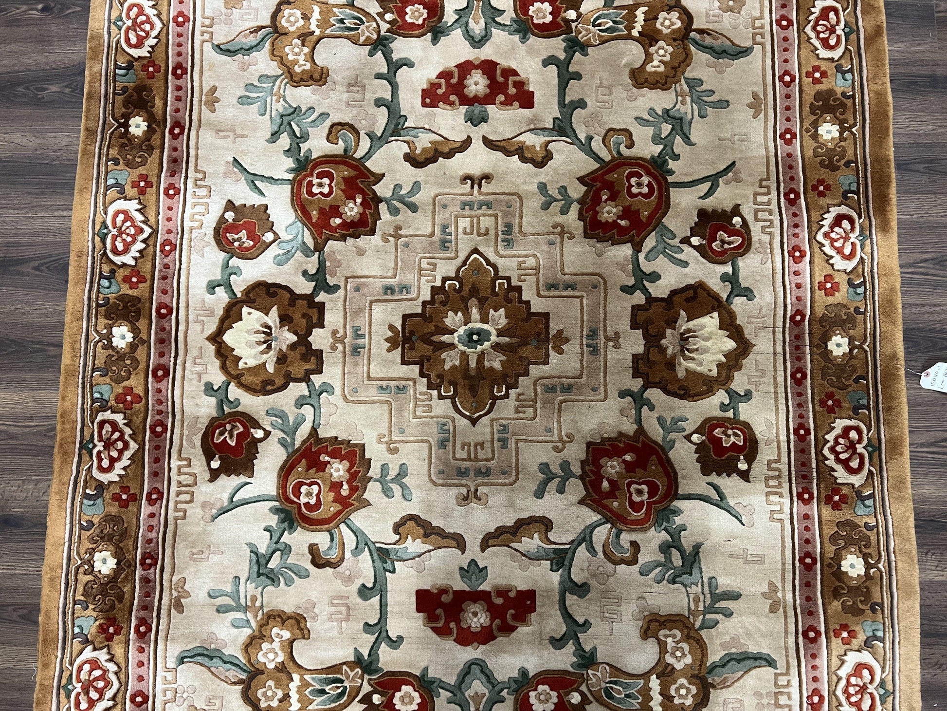 Chinese Wool Rug 5.9 x 9, Tan and Brown Asian Art Deco Carpet, Vintage 1960s Oriental Rug, Hand-Knotted Rug, Soft Wool, Medallion, Pair B - Nuvé