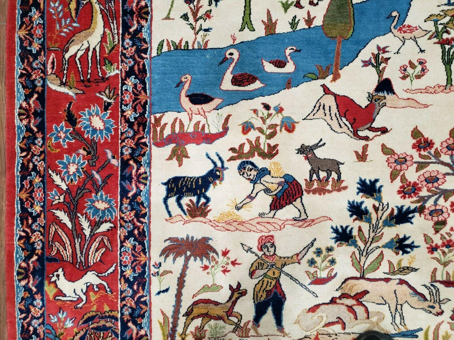 Antique Persian Isfahan Rug 5x7, Animal and Human Pictorials, Hand Knotted Fine Oriental Wool Carpet, Cream and Red, High KPSI, Vintage Rug 5 x 7 ft - Nuvé