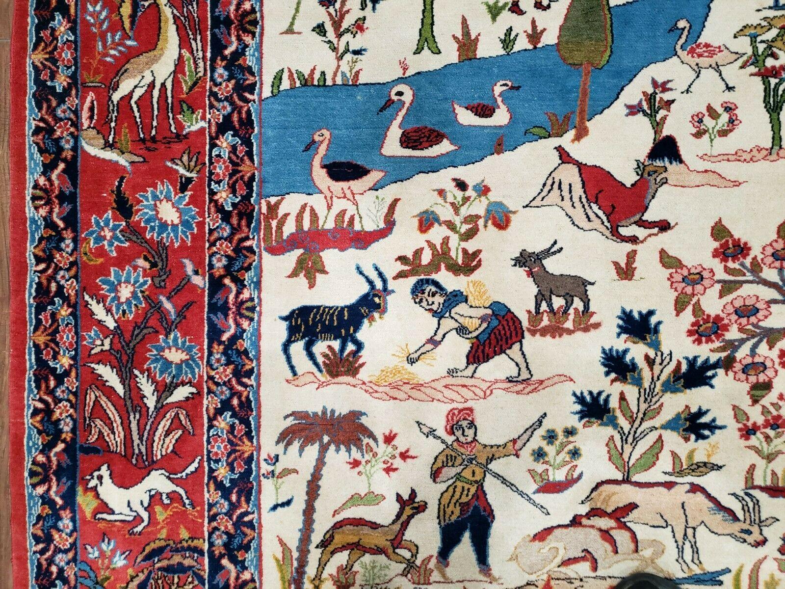 Antique Persian Isfahan Rug 5x7, Animal and Human Pictorials, Hand Knotted Fine Oriental Wool Carpet, Cream and Red, High KPSI, Vintage Rug 5 x 7 ft - Nuvé
