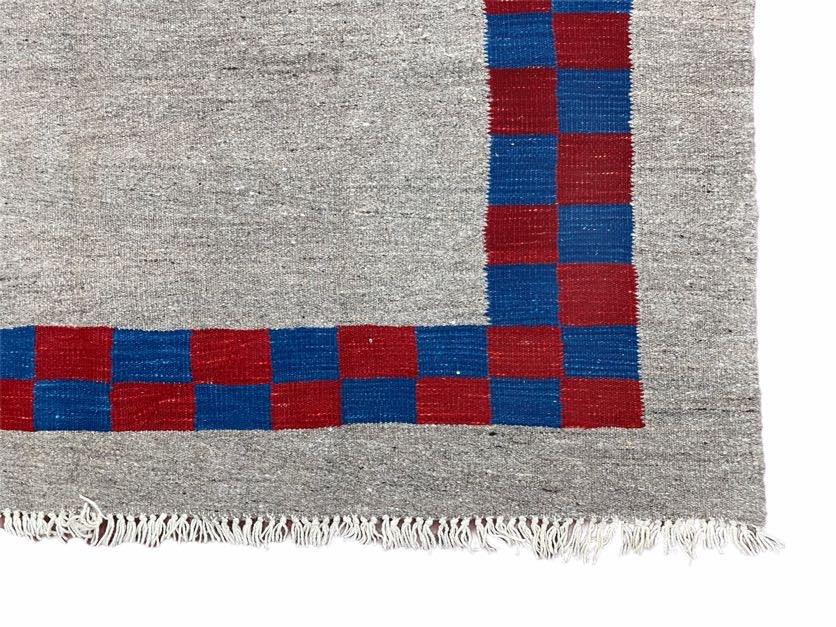Gray Turkish Kilim Carpet 5' 7" x 7' 7", Medium Kilim Rug, Hand-Knotted, Blue & Red Border, Minimalistic Design, Geometric, Wool, New - Nuvé