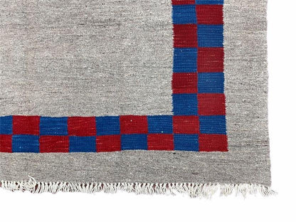 Gray Turkish Kilim Carpet 5' 7" x 7' 7", Medium Kilim Rug, Hand-Knotted, Blue & Red Border, Minimalistic Design, Geometric, Wool, New - Nuvé