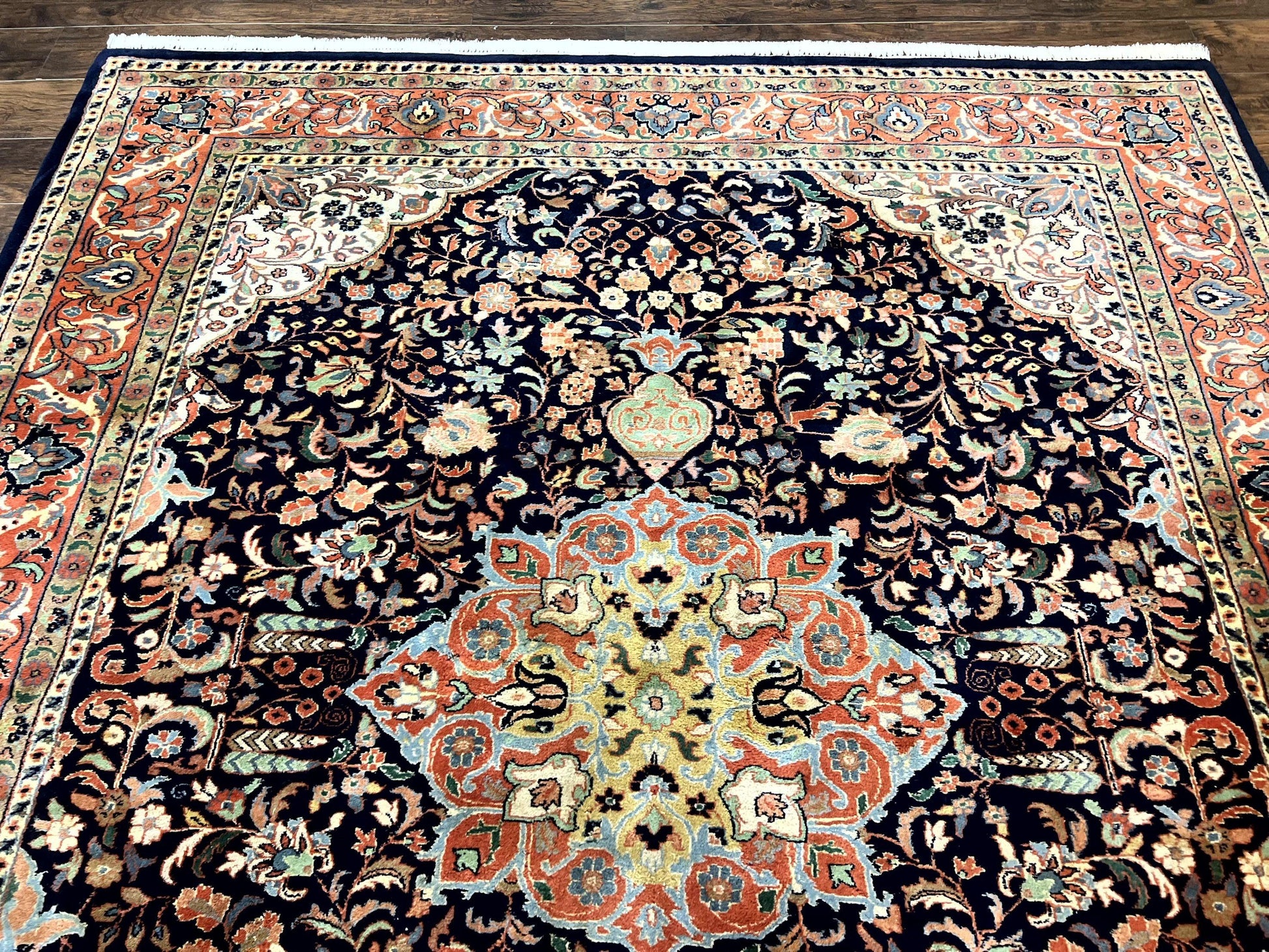 Indo Persian Rug 8x10, Midnight Blue & Red, Handmade Vintage Wool Carpet, Floral Medallion - Nuvé