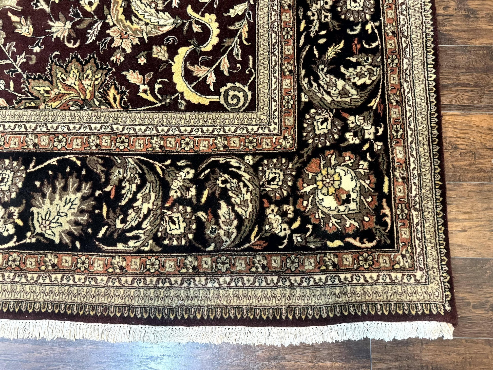 Indo Persian Rug 10x14, Floral Allover, Handmade Vintage Wool Rug, Dark Maroon/Plum and Black - Nuvé