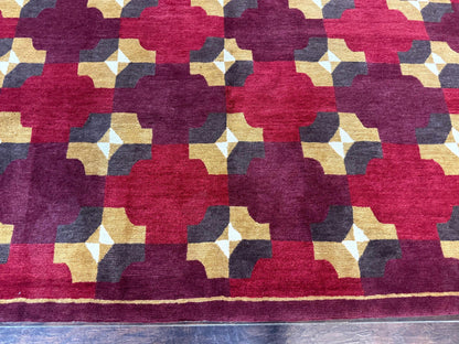 Modern Tibetan Rug 5 x 6.8, Wool, Red, Allover Pattern, Nepali Rug, Abstract Rug, Handmade Area Rug - Nuvé