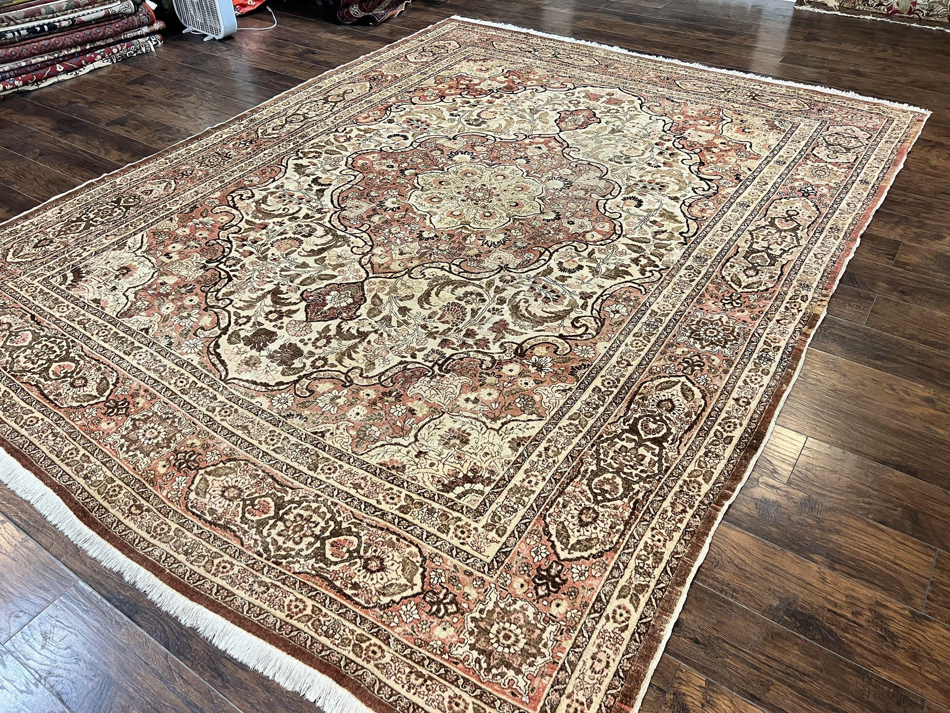 Antique Persian Tabriz Rug 10x12, Wool Hand Knotted Oriental Carpet, Beige Light Red, Floral Medallion - Nuvé