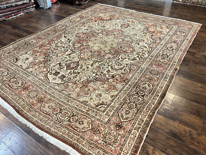Antique Persian Tabriz Rug 10x12, Wool Hand Knotted Oriental Carpet, Beige Light Red, Floral Medallion - Nuvé