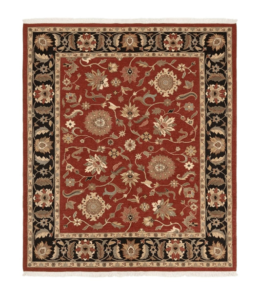 Indian Mahal Rug 8x10, Room Sized Wool Handmade Vintage Carpet, Red and Black, Floral, Flatweave Mahal Sultanabad Rug