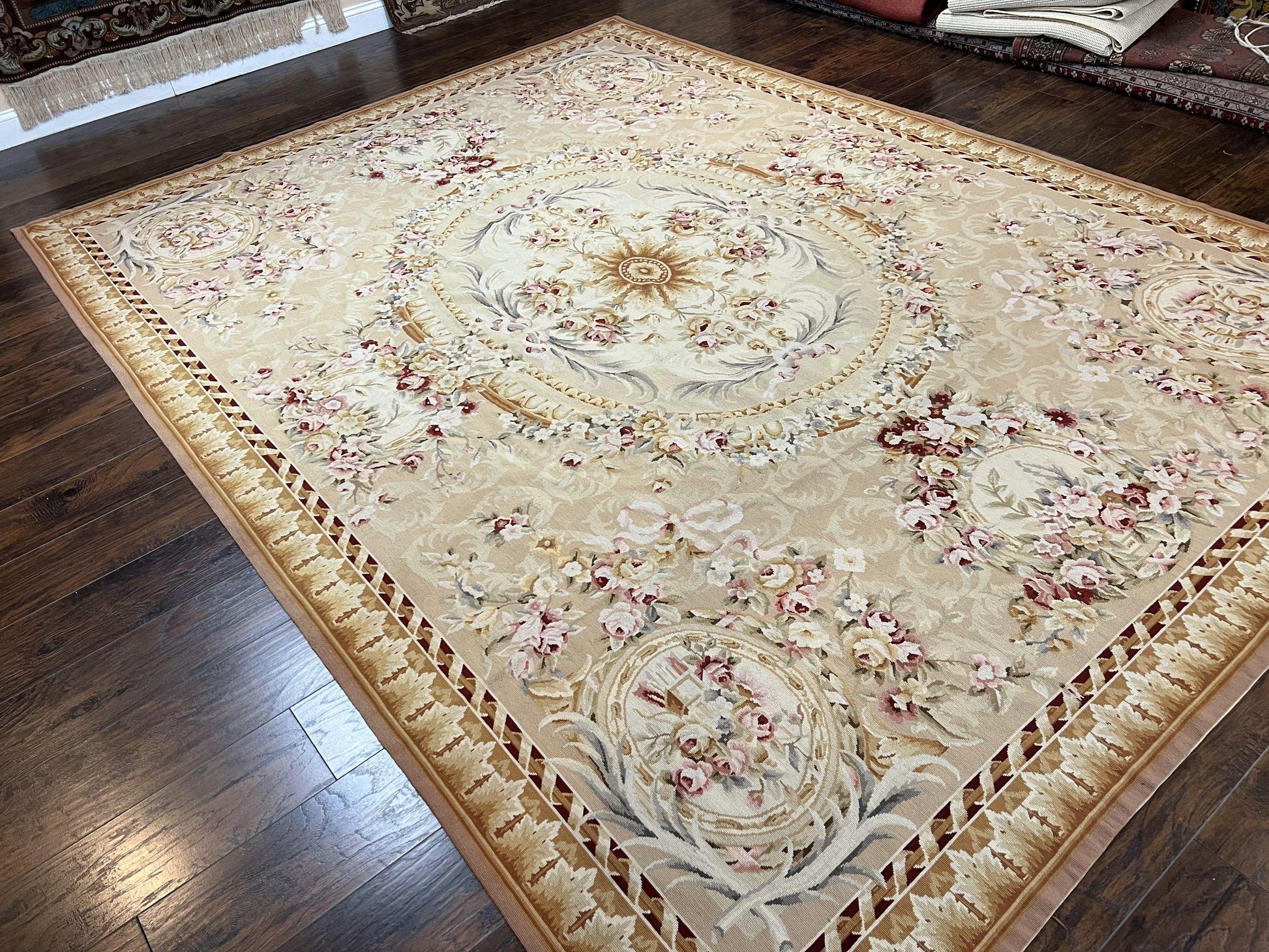 Aubusson Rug 9x12, Elegant Savonnerie Carpet 9 x 12 ft, Beige Ivory Tan, Floral, Flatweave Wool Handmade Area Rug 9 x 12 ft, European French - Nuvé