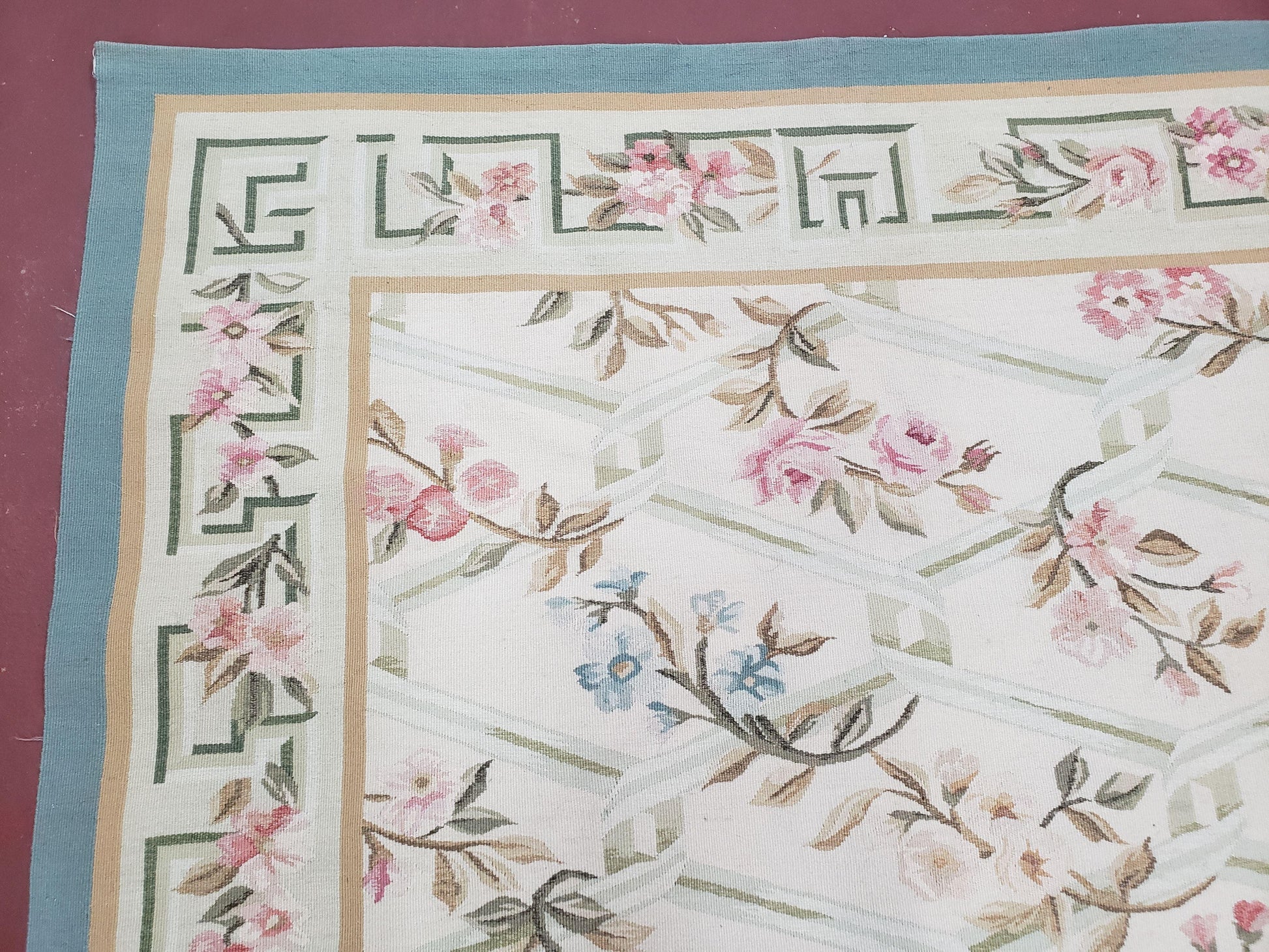 Vintage Aubusson Area Rug, Aubusson Flat weave Carpet, Floral Geometric Pattern, Beige Teal Green, 4x6 Rug, European Design - Nuvé