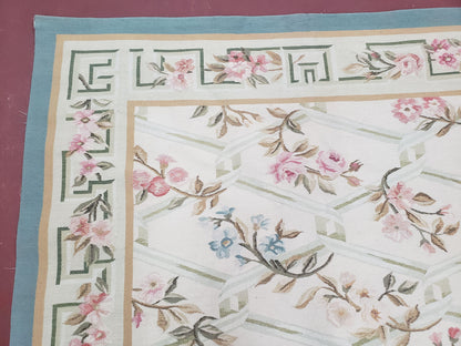 Vintage Aubusson Area Rug, Aubusson Flat weave Carpet, Floral Geometric Pattern, Beige Teal Green, 4x6 Rug, European Design - Nuvé