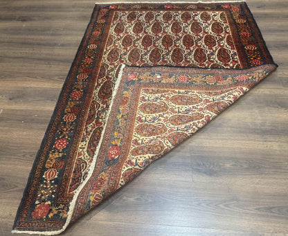 Antique Persian Kurdish Senneh Rug 4.6 x 6.5, Repeated Paisely Boteh Design, Handmade