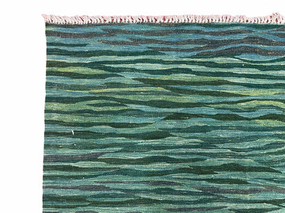 Sea Green Kilim Area Rug, White Blue Red Stripes, Russian Flag Rug, Flatweave Hand Knotted Carpet, Turkish Carpet, Wool, New, 5' 6" x 7' 10" - Nuvé