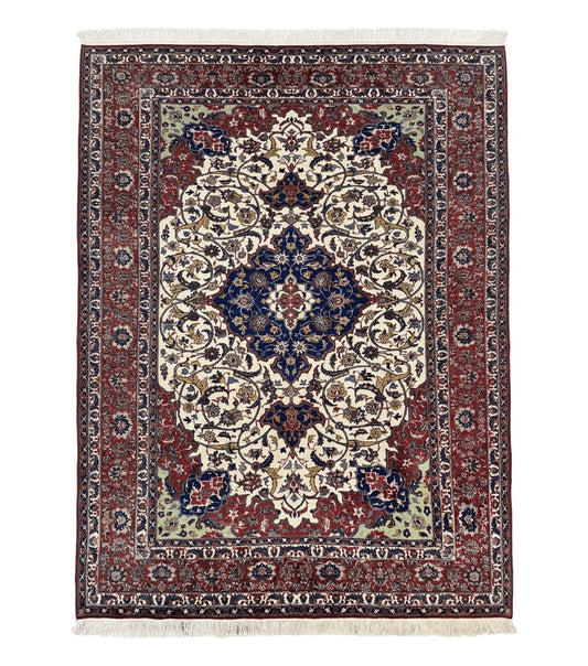 Wonderful Persian Isfahan Rug 7x9, Ivory Navy Blue Red, Floral Medallion, Very Finely Hand Knotted 260 KPSI, Handmade Wool Vintage Rug