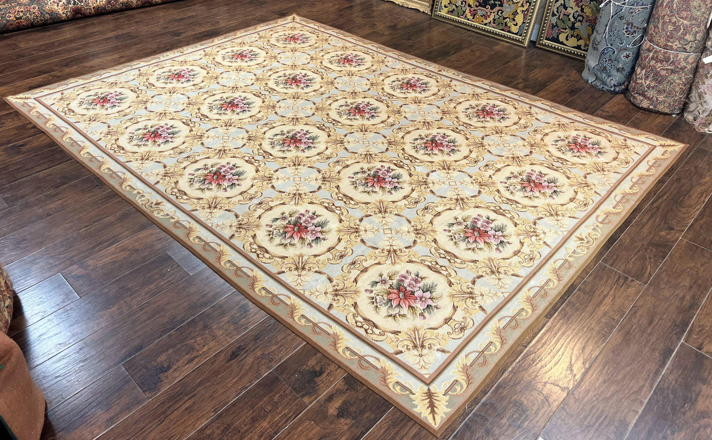 Chinese Needlepoint Rug 8x11, Handmade Wool Needlepoint Carpet, Vintage, Sky Blue - Nuvé