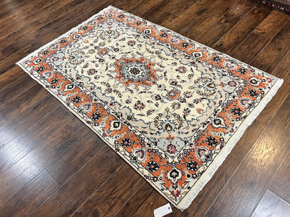 Persian Tabriz Rug 4.5  x 6.8, Finely Hand Knotted Wool with Silk Highlights Vintage Oriental Carpet, Cream and Salmon, High KPSI, Floral Medallion - Nuvé