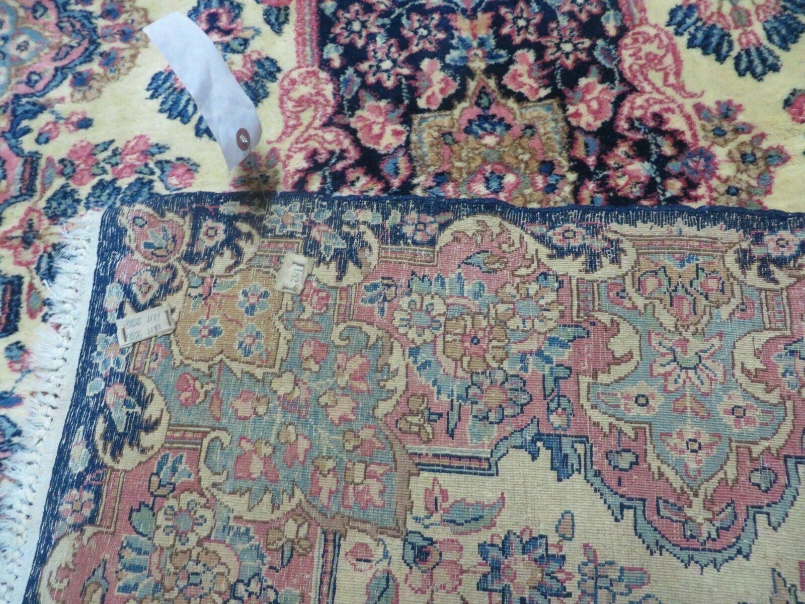 Antique Persian Kirman Rug 3.9 x 6.6, Floral Oriental Carpet, Ivory/Cream - Blue - Pink, Hand Knotted Wool Rug, Floral Medallion Rug 4x6 - Nuvé