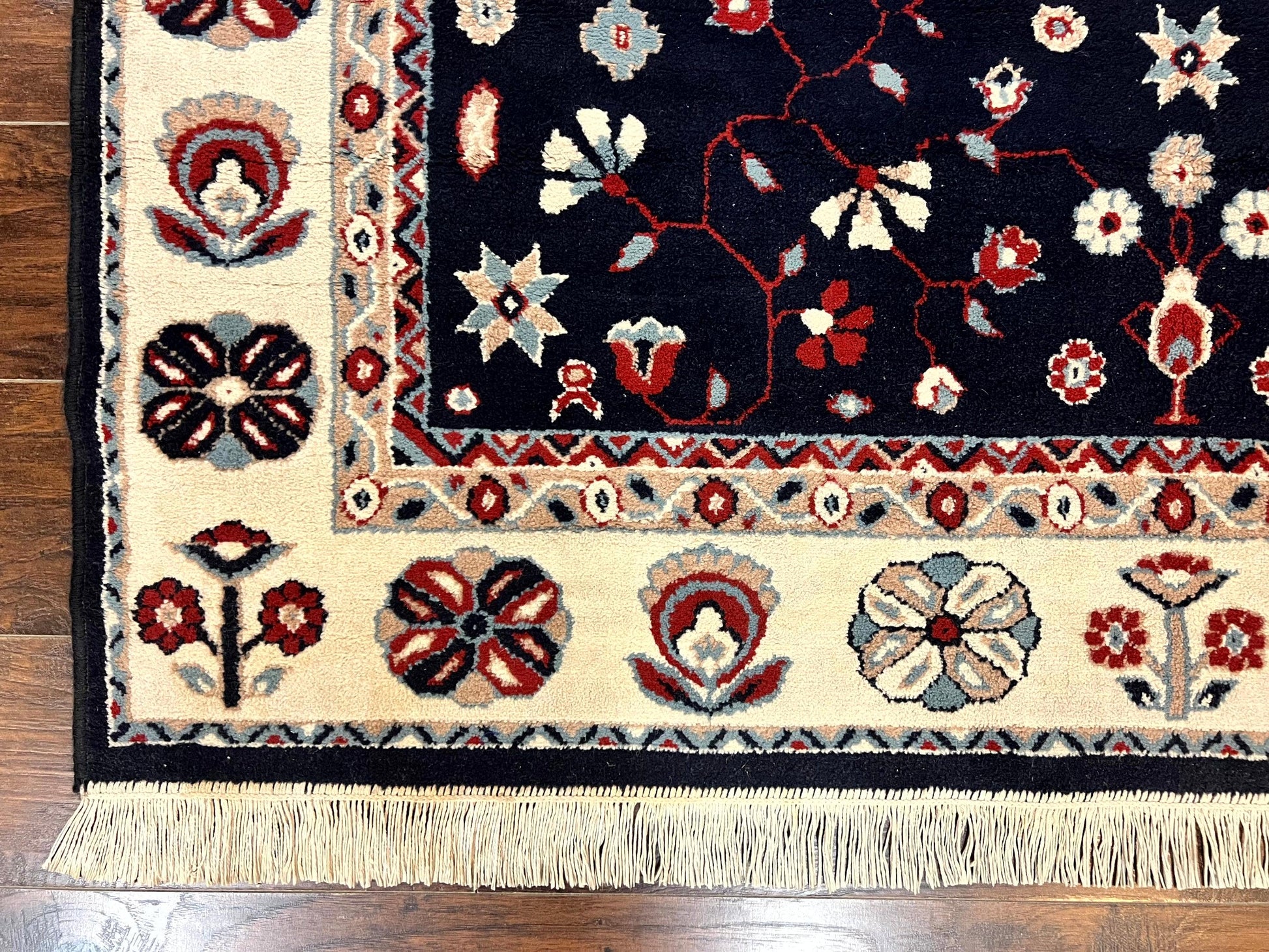 Belgium Power Loomed Rug 5.6 x 7, Navy Blue and Ivory, Heriz Pattern, Vintage Oriental Carpet - Nuvé