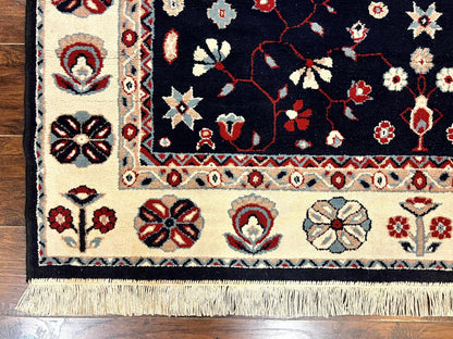 Belgium Power Loomed Rug 5.6 x 7, Navy Blue and Ivory, Heriz Pattern, Vintage Oriental Carpet - Nuvé