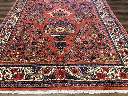 Persian Sarouk Rug 7x10, Red and Ivory, Floral Bouquets, Birds - Nuvé