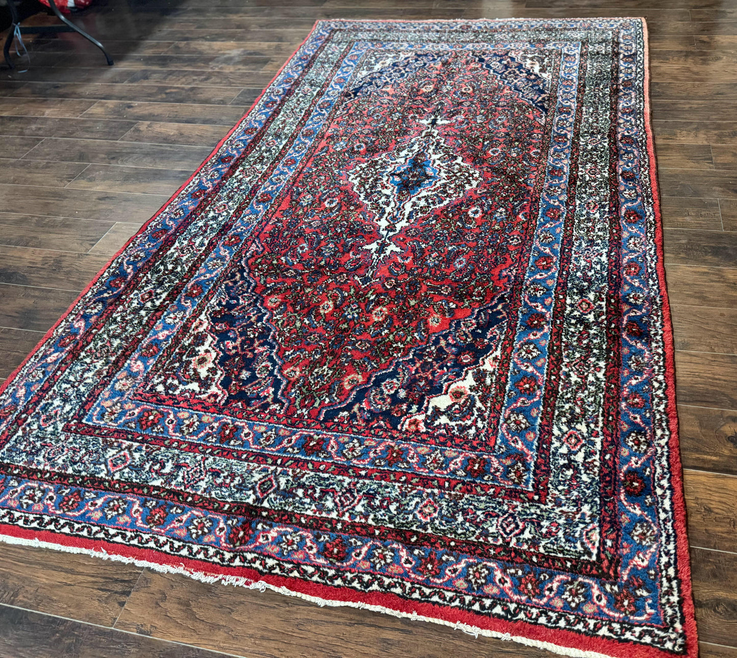 Persian Tribal Rug 6x11, Red Blue Ivory, Antique Persian Carpet, Hamadan Dargazin Carpet - Nuvé