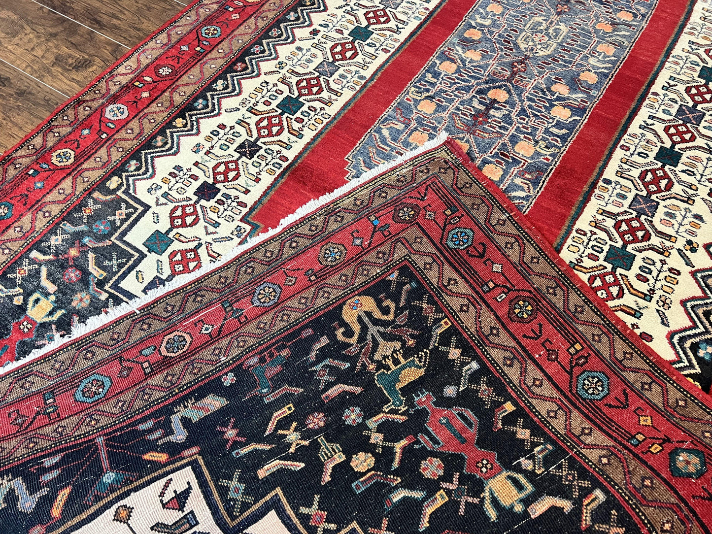 Persian Rug 5x12 ft, Red Cream Navy Blue, Pictorials, Hand Knotted Handmade Wide Runner Tribal Bidjar Semi Antique Wool Geometric Oriental Rug - Nuvé