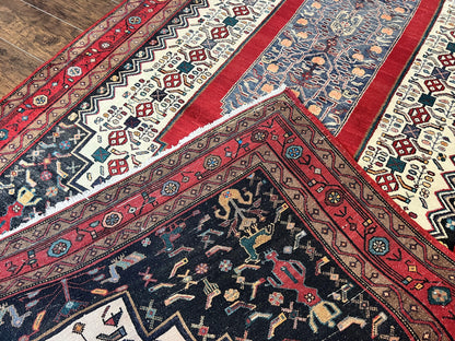 Persian Rug 5x12 ft, Red Cream Navy Blue, Pictorials, Hand Knotted Handmade Wide Runner Tribal Bidjar Semi Antique Wool Geometric Oriental Rug - Nuvé