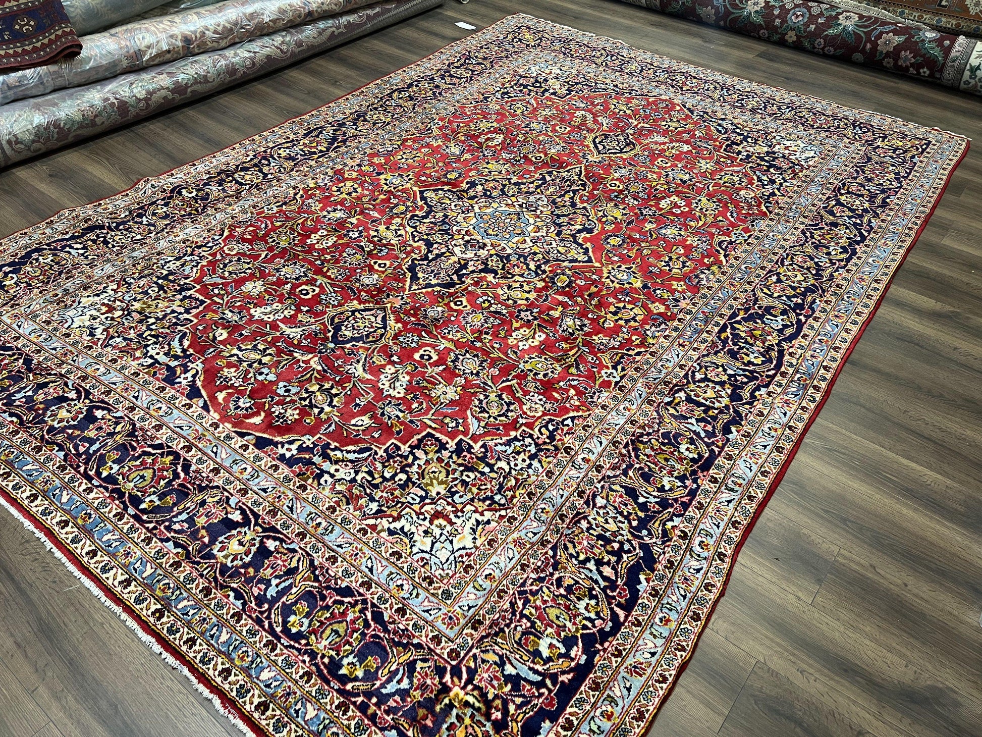 Persian Kashan Rug 9x12, Red Navy Blue, Allover Floral Medallion & Corner Design, Handmade Wool Oriental Carpet, Semi Antique Traditional Carpet - Nuvé