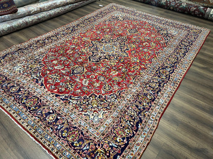 Persian Kashan Rug 9x12, Red Navy Blue, Allover Floral Medallion & Corner Design, Handmade Wool Oriental Carpet, Semi Antique Traditional Carpet - Nuvé