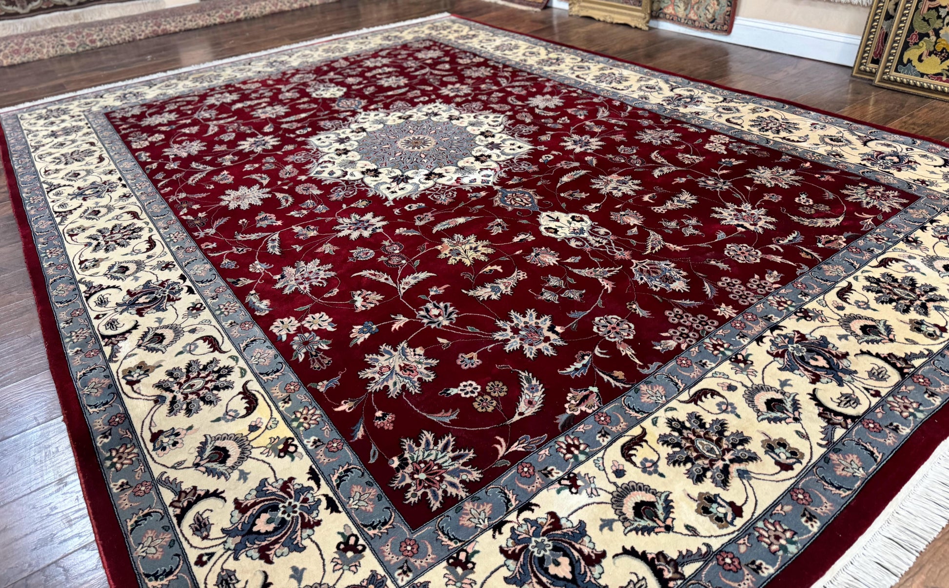Pak Persian Rug 9x12, Maroon and Ivory, Wool Handmade Vintage - Nuvé