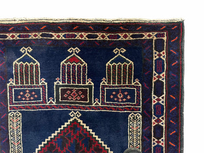 3x5 Vintage Handmade Tribal Wool Rug Balouchi Prayer Rug Afghan Rug Red Blue Wow - Nuvé