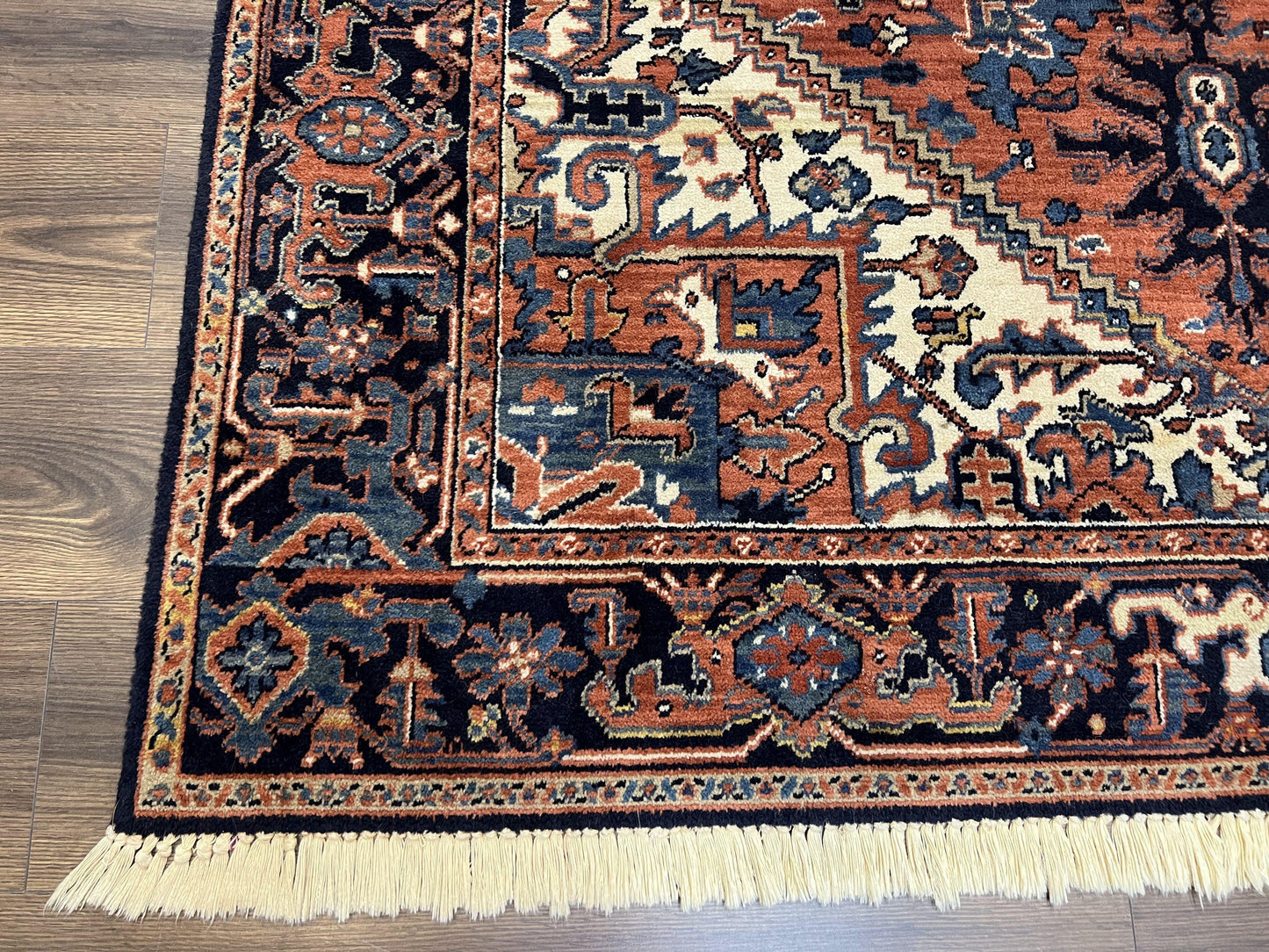 Heriz Rug 5.6 x 8, Geometric Medallion, Wool Oriental Carpet, Tribal Boho Rug, Red Navy Blue Cream, Belgium Power Loomed Rug, Medium Sized - Nuvé