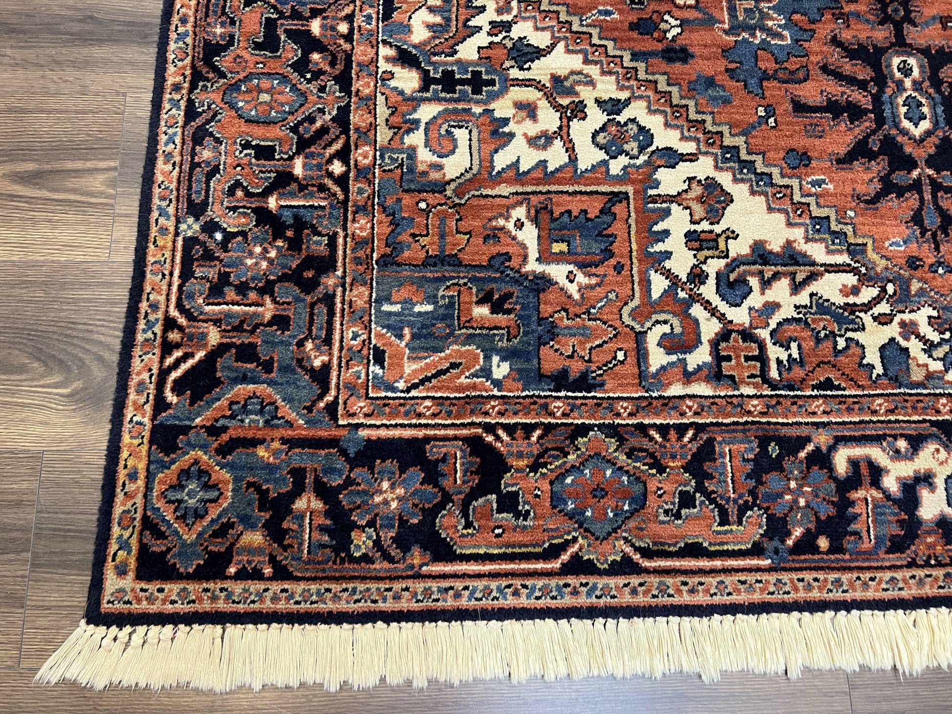 Heriz Rug 5.6 x 8, Geometric Medallion, Wool Oriental Carpet, Tribal Boho Rug, Red Navy Blue Cream, Belgium Power Loomed Rug, Medium Sized - Nuvé