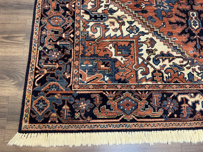 Heriz Rug 5.6 x 8, Geometric Medallion, Wool Oriental Carpet, Tribal Boho Rug, Red Navy Blue Cream, Belgium Power Loomed Rug, Medium Sized - Nuvé