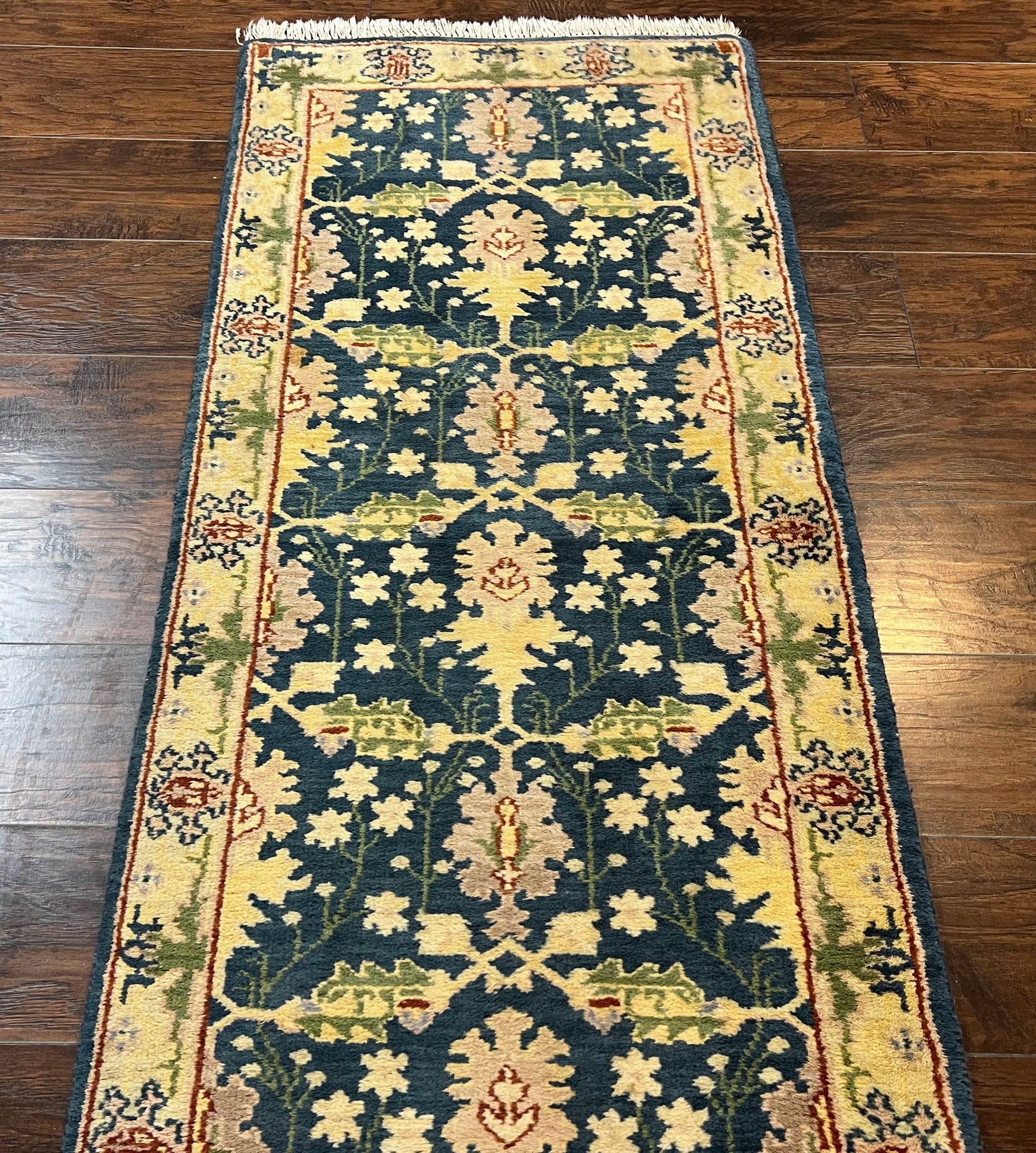 Indian Runner Rug 2.6 x 12, Navy Blue Beige Oriental Runner Rug 12ft Long, Narrow Hallway Runner, Wool Hand Knotted Indo Persian Mahal Rug - Nuvé