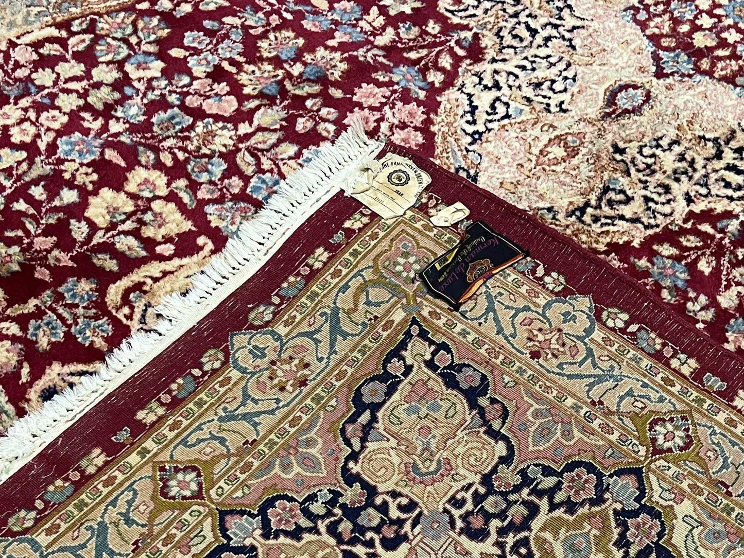 Persian Rug 9x12, Kirman DeLuxe, Millefleur Floral Medallion Carpet, Maroon Light Blue Beige, Semi Antique Authentic Hand Knotted Wool Rug - Nuvé