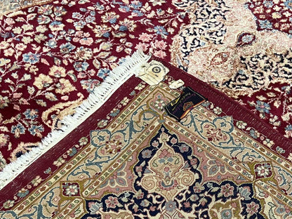 Persian Rug 9x12, Kirman DeLuxe, Millefleur Floral Medallion Carpet, Maroon Light Blue Beige, Semi Antique Authentic Hand Knotted Wool Rug - Nuvé