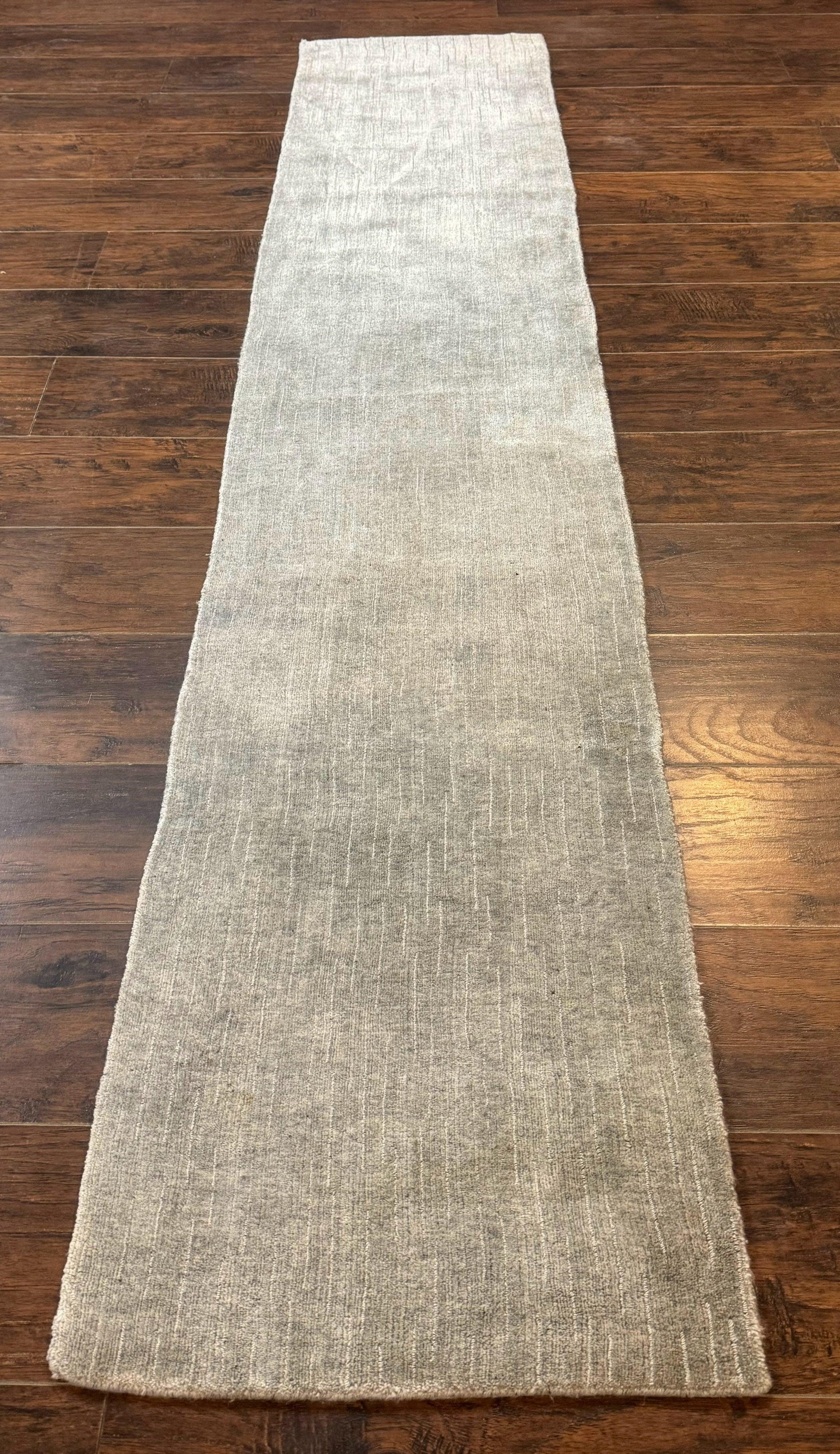 Modern Tibetan Runner Rug 1.9 x 8.6, Wool and Silk Highlights, Gray/Silver, Narrow Runner for Hallway or Kitchen - Nuvé