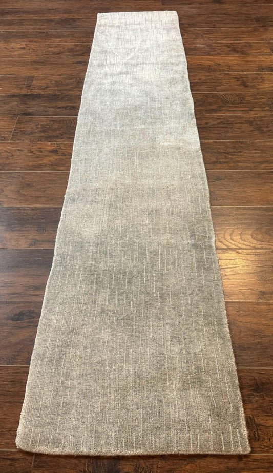 Modern Tibetan Runner Rug 1.9 x 8.6, Wool and Silk Highlights, Gray/Silver, Narrow Runner for Hallway or Kitchen - Nuvé