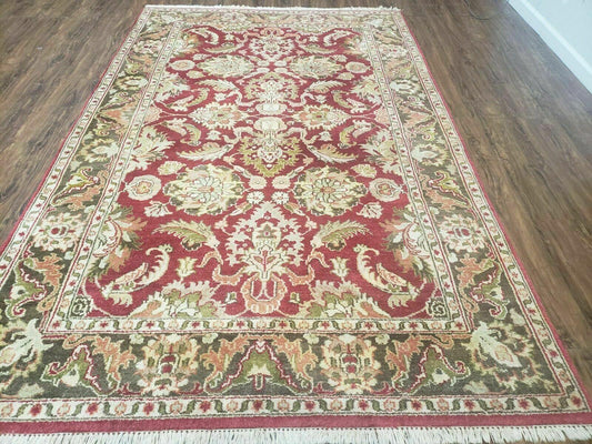 Indo Persian Rug 6x9, Hand Knotted Vintage Indian Sultanabad Agra Wool Rug, Handmade Oriental Carpet 6 x 9, Red Large Floral Design - Nuvé