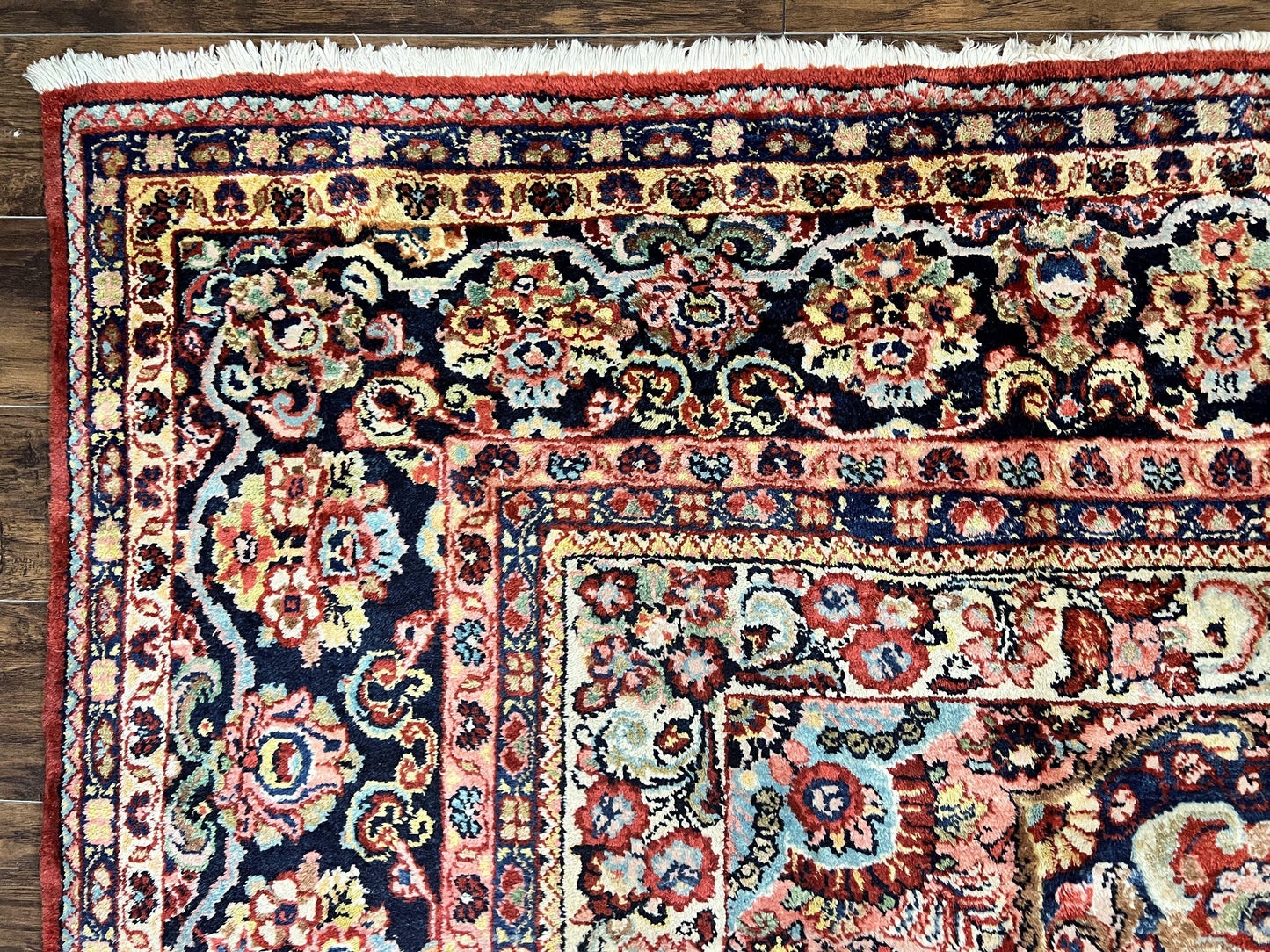 Persian Sarouk Rug 11x14, Semi Open Field, Large Antique Persian Wool Handmade Carpet, Red and Dark Blue, Floral - Nuvé