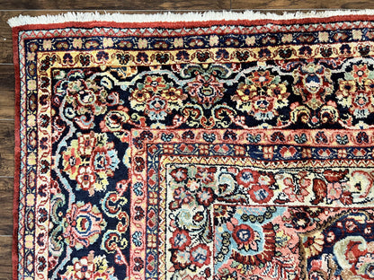 Persian Sarouk Rug 11x14, Semi Open Field, Large Antique Persian Wool Handmade Carpet, Red and Dark Blue, Floral - Nuvé