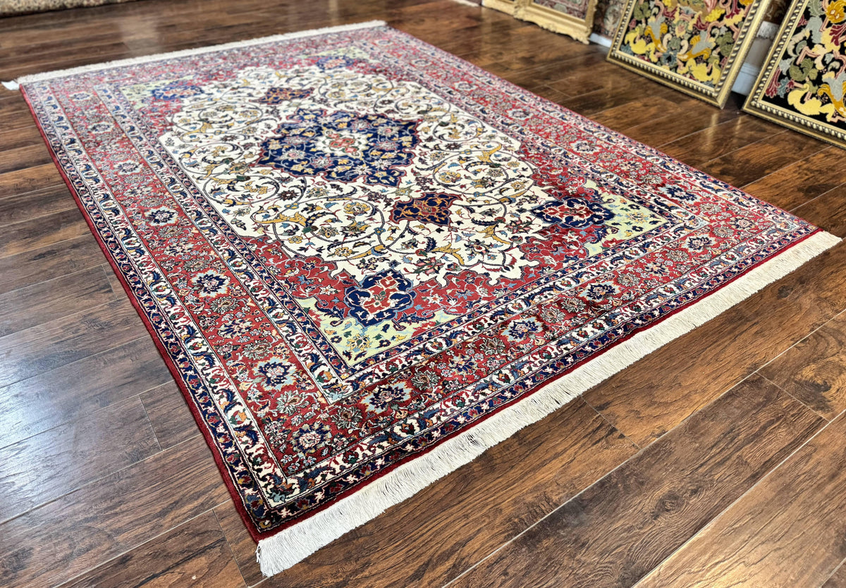 Wonderful Persian Isfahan Rug 7x9, Ivory Navy Blue Red, Floral Medallion, Very Finely Hand Knotted 260 KPSI, Handmade Wool Vintage Rug
